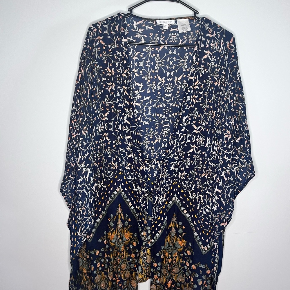 Patrons of Peace Medium large Boho Kimono Duster sheer Floral flowy open front